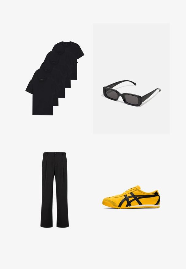 Schwarzer Wollmischungs-Mantel mit Reverskragen, einreihiger Knopfverschluss und seitlichen Taschen. Verfügt über eine gerade Silhouette und ein minimalistisches Design.; Schwarzer Hoodie mit Reißverschluss, Kängurutasche, übergroßem Schnitt, weichem Stoff und Kapuze mit Kordelzug. Verfügt über einen robusten Reißverschluss und gerippte Ärmelbündchen.; Pack von fünf schwarzen Rundhals-T-Shirts. Kurze Ärmel, Baumwollmaterial, normale Passform. Glatte Textur ohne sichtbare Muster oder Verzierungen.; Schwarze Hose mit geradem Schnitt, flachem Frontbereich und Falten. Hergestellt aus einem glatten Stoff mit Knopfverschluss und Gürtelschlaufen.; Gelbe Sportschuh mit schwarzen Akzenten, glatte Ledertextur, geschwungenes Design, runde Zehenpartie, flache weiße Sohle und auffällige Markenlogos an der Seite.; Schwarze rechteckige Sonnenbrille mit dunklen Gläsern, glänzender Oberfläche, breiten Bügeln und einem klobigen Rahmen-Design. Gravierter Markenname auf einem Bügel.; Schwarze Stofftasche mit einer strukturierten, gesteppten Oberfläche. Abgerundete Form, kurze, dicke Griffe und eine weiche, flexible Struktur.