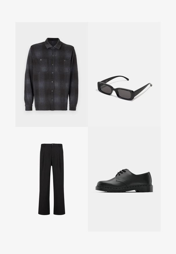 Cappotto in misto lana nero con revers a punta, chiusura a un bottone e tasche laterali. Presenta una silhouette dritta e un design minimalista.; Camicia button-up a maniche lunghe con un motivo a quadri neri e grigi scuri, dotata di due tasche sul petto e colletto standard. Tessuto di texture liscia.; Pantaloni neri con fit dritto, vita piatta e pieghe. Realizzati in un tessuto liscio con chiusura a bottone e passanti per cintura.; Scarpa oxford in pelle nera con design con lacci, punta arrotondata, suola piatta in gomma e dettagli di cucitura discreti lungo la parte superiore.; Occhiali da sole neri rettangolari con lenti scure, finitura lucida, aste larghe e design della montatura spessa. Nome del marchio inciso su un'asta.; Collana di perle bianche con forma rotonda uniforme, superficie liscia e chiusura in metallo con catena di estensione per lunghezza regolabile.