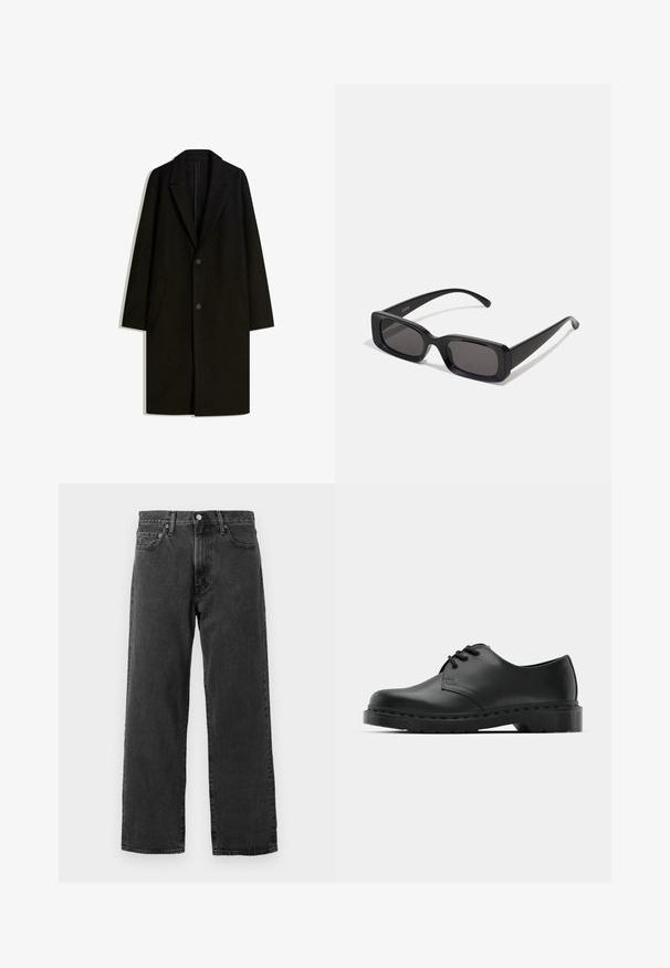 Čierny kabát z vlnenej zmesi so záševkovým golierom, uzatváraním na jeden gombík a bočnými vreckami. Má rovný strih a minimalistický dizajn.; Biely bavlnený tielko s okrúhlym výstrihom, širokými ramennými popruhmi a rovnom spodným lemom, ktoré má hladkú textúru a žiadne viditeľné vzory.; Čierne džíny z denimu s rovnými nohavicami, štýl piatich vreciek a klasickým zapínaním na gombík. Majú jemne textúrovanú tkaninu.; Čierne kožené oxfordky s viazaním, zaoblenou špičkou, plochou gumovou podrážkou a jemným prešívaním pozdĺž hornej časti.; Čierne obdĺžnikové slnečné okuliare s tmavými šošovkami, lesklým povrchom, širokými ramenami a robustným rámovým dizajnom. Vygravírované meno značky na jednom ramene.; Biely perlový náhrdelník s rovnomerným guľatým tvarom, hladkým povrchom a kovovým zapínaním s predlžovacím reťazcom na nastaviteľnú dĺžku.