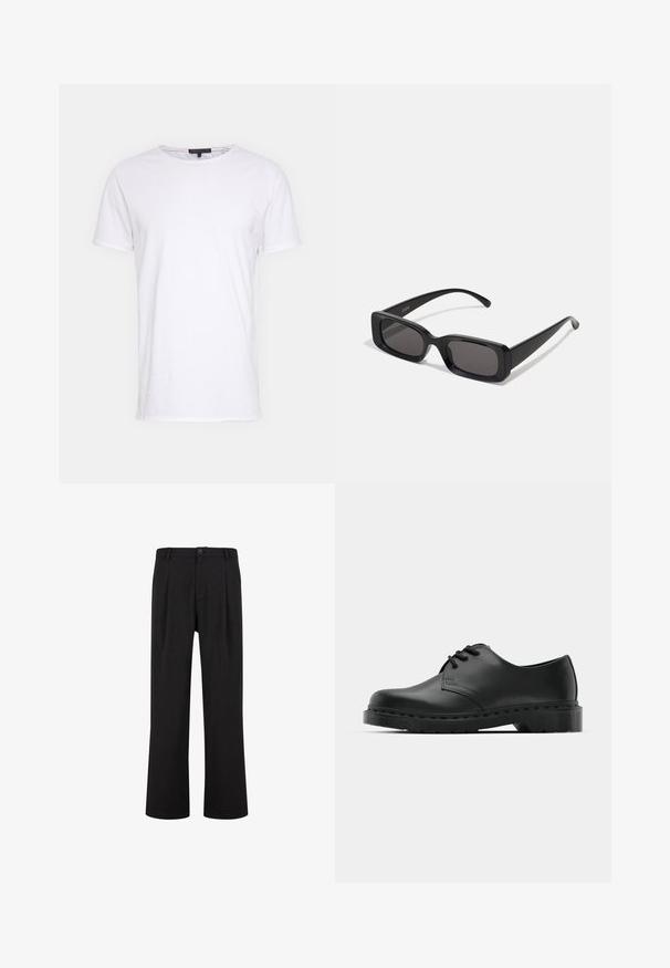 Schwarzer Wollmischungs-Mantel mit Reverskragen, einreihiger Knopfverschluss und seitlichen Taschen. Verfügt über eine gerade Silhouette und ein minimalistisches Design.; Weißes Baumwoll-T-Shirt mit Rundhalsausschnitt, kurzen Ärmeln und geradem Schnitt. Verfügt über eine einfache, glatte Textur und keine zusätzlichen Muster.; Schwarze Hose mit geradem Schnitt, flachem Frontbereich und Falten. Hergestellt aus einem glatten Stoff mit Knopfverschluss und Gürtelschlaufen.; Schwarze Leder-Oxford-Schuhe mit Schnürdesign, runder Zehenform, flacher Gummisohle und subtilen Nähten entlang des oberen Teils.; Schwarze rechteckige Sonnenbrille mit dunklen Gläsern, glänzender Oberfläche, breiten Bügeln und einem klobigen Rahmen-Design. Gravierter Markenname auf einem Bügel.