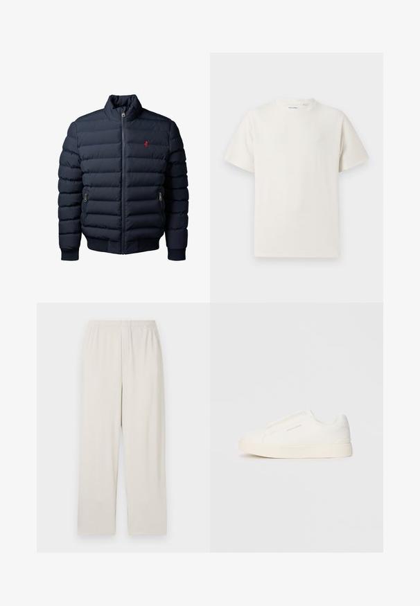 Tumed sinine kootud puff vest, millel on esikülg tõmblukuga, lukuga küljetaskud, soonikkoes mansetid ja rindkeres väike punane tikitud logo.; Valge lühikeste varrukatega T-särk ribakudumises. Ümar kaelus, mugav lõige, nähtavad mustrid ega aksessuaarid puuduvad. Lihtne ja mitmekesine disain.; Bežid ribastest laiade jalgadega püksid elastse vöökohaga. Omavad vertikaalseid triibusid ja pehmet, tekstuurset kangast.; Valged libisemiskindlad tossud tekstuuriga pinnaga, paksu tallaga ja minimalistikus disainis. Küljel on brändi logo.