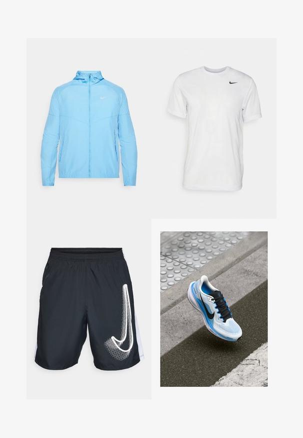 Heled sinine Nike jope, millel on püsti kaelus, tõmblukk, kaks küljetaskut ja väike logo vasakul rindkerel. Sile tekstuur.; Valge lühikeste varrukatega t-särk, mis on valmistatud siledast kangast. Omab ümmargust kaelust ja väikest musta Nike logo vasakul rinnal.; Mustad mustad dressid kergest kangast, millel on valge graafiline disain vasakul jalal ja valged küljeaktsendid. Elastne vöökoht.; Valge ja sinine jooksujalats mustade paeltega ning Nike sütitusega, hõljuv asfaldil ja kõnniteel.