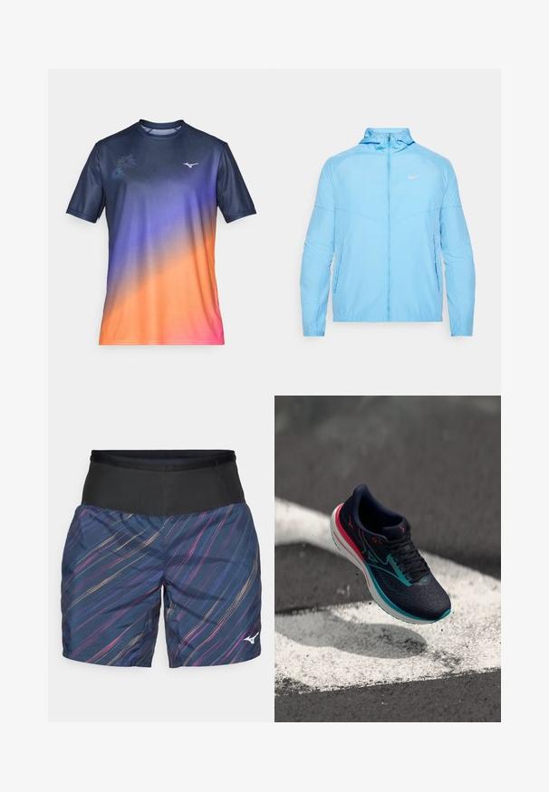 Svetlo modrá Nike bunda s vysokým golierom, zipsom, dvoma bočnými vreckami a malým logom na hornej ľavej strane hrudníka. Hladká textúra.; Tričká s krátkym rukávom v nádychu námorníckej modrej, fialovej, oranžovej a ružovej. Obsahuje jemný kvetinový vzor a logo na hrudi. Hladká tkanina.; Pánske športové šortky s námorníckou základnou, zdobené farebnými diagonálnymi pruhmi. Vyrobené z ľahkého materiálu, majú elastický čierny pás.; Námořnické běžecké boty s texturovaným síťovaným svrškem, tyrkysovými akcenty a růžovou patou. Obsahují polstrovanou bílou podrážku a černé tkaničky.