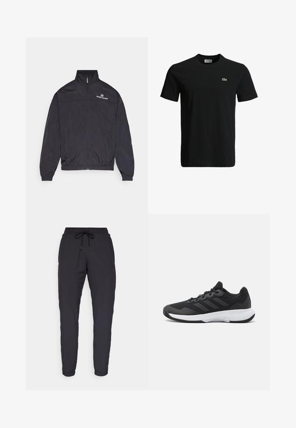 Juodas lengvas džemperis su aukštu apykakle, priekiniais užtrauktukais, elastingomis rankogaliais ir apvadu. Krūtinėje yra baltas logotipas. Lygus paviršius.; Juodas medvilninis marškinėliai su apvaliu kaklu, trumpomis rankovėmis ir mažu žaliu krokodilo logotipu kairėje krūtinės pusėje. Lygi tekstūra, kasdieniškas dizainas.; Juodos sportinės kelnės su elastingu juosmeniu, raišteliu ir prigludusiomis rankovėmis. Pagamintos iš minkštos medžiagos su minimalistiniu dizainu.; Juodas sportinis batelis su tekstūruota viršutine dalimi, trimis horizontaliomis juostelėmis ir baltu padu su raštuotu protektoriumi. Lengvas ir aerodinamiškas dizainas.