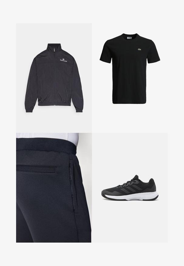 Melns viegls uzvalks ar augstu apkakli, priekšējo rāvējslēdzēju, elastīgām piedurknēm un apakšmalu. Uz krūtīm ir balta logo. Gluda tekstūra.; Melna kokvilnas T-krekls ar apaļu kakla izgriezumu, īsām piedurknēm un mazu zaļu krokodila logotipu kreisajā krūtī. Gluda tekstūra, ikdienišķs dizains.; Tumši zili sporta bikses ar mīkstu, teksturētu audumu, elastīgu jostu un sānu rāvējslēdzēja kabatu ērtībai.; Melna sporta apavi ar teksturētu virsu, trim horizontālām svītrām un baltu zoli ar rakstainu protektoru. Viegls un plūstošs dizains.