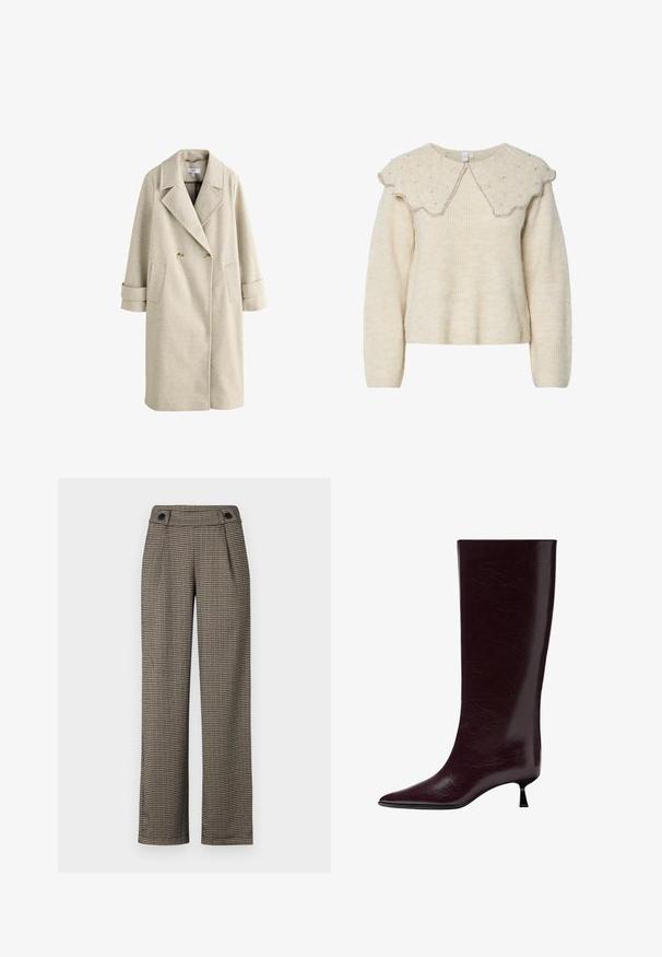 Manteau long beige à double boutonnage avec larges revers, deux boutons, poches plaquées et sangles aux poignets, posé sur un fond blanc.; Pull crème avec un col festonné et des accents en perles argentées. Fabriqué à partir d'un tissu texturé et doux. Dispose de manches longues et d'une coupe décontractée.; Pantalon à carreaux marron avec taille haute, présentant des plis sur les côtés et des accents de boutons noirs. Fabriqué dans un tissu tissé texturé.; Botte en cuir bordeaux montée jusqu'au genou avec une finition lisse et texturée, un bout pointu et un talon fin empilé pour un supplément de hauteur.