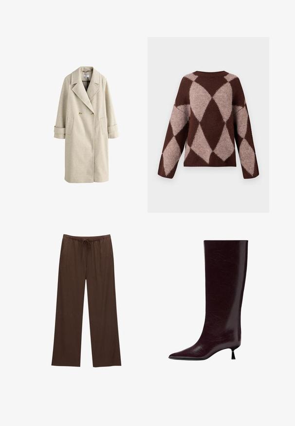 Manteau long beige à double boutonnage avec larges revers, deux boutons, poches plaquées et sangles aux poignets, posé sur un fond blanc.; Pull en tricot marron et beige clair avec un motif en losange, présentant des manches longues et un col rond, fabriqué à partir d'un tissu doux et texturé.; Pantalons larges marron en tissu doux, avec une taille élastique et un cordon de serrage, et deux poches latérales.; Botte en cuir bordeaux montée jusqu'au genou avec une finition lisse et texturée, un bout pointu et un talon fin empilé pour un supplément de hauteur.