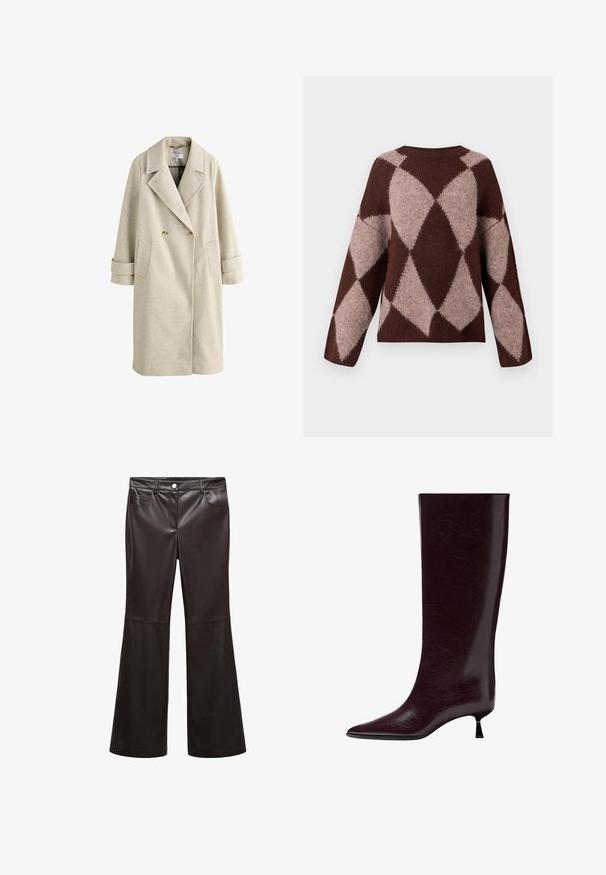 Beige, doppelt-knöpfiger langer Mantel mit breiten Revers, zwei Knöpfen, aufgesetzten Taschen und langen Manschettenriemen vor weißem Hintergrund.; Brauner und hellbeiger Strickpullover mit einem Rautenmuster, der lange Ärmel und einen runden Ausschnitt hat, aus einem weichen, strukturierten Stoff gefertigt.; Schwarze ausgestellte Hosen aus glattem Kunstleder, mit Vordertaschen, Reißverschluss und silbernem Knopf. Betonte Nähte.; Knöchelhoher burgunderfarbener Lederstiefel mit einer eleganten, strukturierten Oberfläche, spitzem Zehenbereich und einem dünnen, gestapelten Absatz für zusätzliche Höhe.
