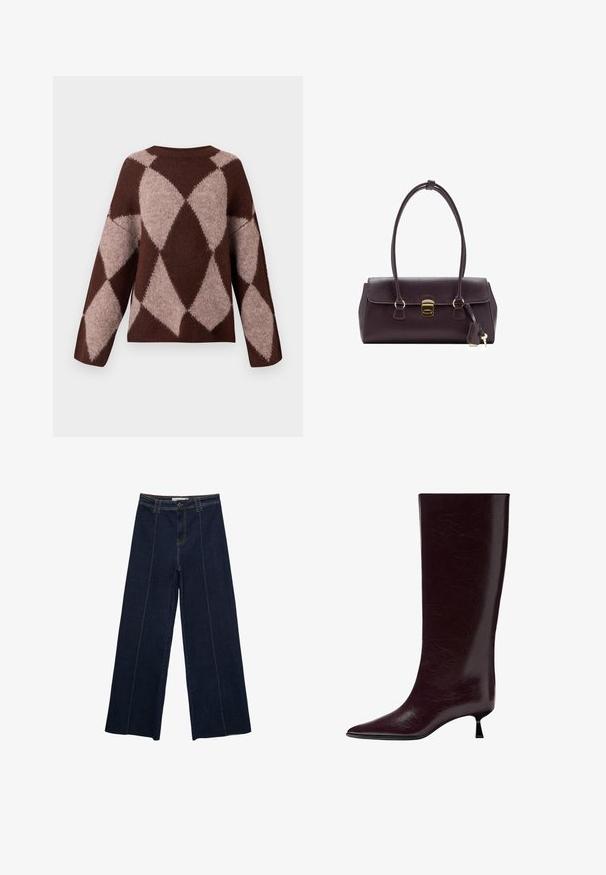 Beige, doppelt-knöpfiger langer Mantel mit breiten Revers, zwei Knöpfen, aufgesetzten Taschen und langen Manschettenriemen vor weißem Hintergrund.; Brauner und hellbeiger Strickpullover mit einem Rautenmuster, der lange Ärmel und einen runden Ausschnitt hat, aus einem weichen, strukturierten Stoff gefertigt.; Weite dunkle Jeanshose mit Kontrastnähten, hoher Taille und geradem Schnitt. Verfügt über Fronttaschen und einen klassischen Knopfverschluss.; Knöchelhoher burgunderfarbener Lederstiefel mit einer eleganten, strukturierten Oberfläche, spitzem Zehenbereich und einem dünnen, gestapelten Absatz für zusätzliche Höhe.; Burgunderrote Lederhandtasche mit strukturiertem Design, kurzen Griffen, einem goldenen rechteckigen Verschluss und einem abnehmbaren Quastenakzent.; Anna Field LEATHER - Fingerhandschuh - black