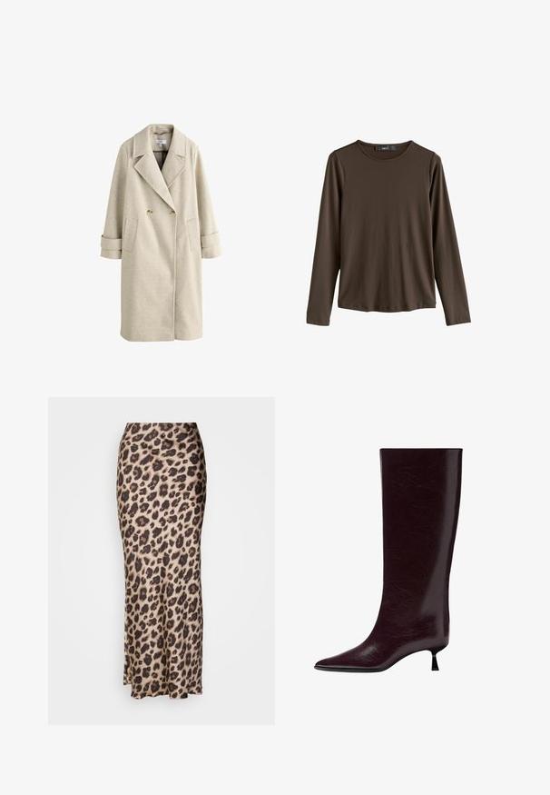 Beige, doppelt-knöpfiger langer Mantel mit breiten Revers, zwei Knöpfen, aufgesetzten Taschen und langen Manschettenriemen vor weißem Hintergrund.; Braun langärmliges Shirt aus glattem Stoff. Mit rundem Ausschnitt und geradem Saum, ohne sichtbare Muster oder Akzente.; Leopardenmuster-Midirock aus glattem Satin. Hat eine figurbetonte Silhouette mit einem leichten Schlitz am Saum für Bewegungsfreiheit. Neutraler Beige- und Braunton.; Knöchelhoher burgunderfarbener Lederstiefel mit einer eleganten, strukturierten Oberfläche, spitzem Zehenbereich und einem dünnen, gestapelten Absatz für zusätzliche Höhe.