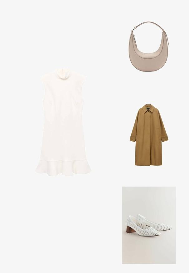 Hnedý trenčkot vyrobený z hladkej tkaniny, so golierom, dlhými rukávmi a dvomi bočnými vreckami. Voľný strih, dĺžka po kolená.; Biele bezrukávové šaty s vysokým golierom, so splývavým lemom a hladkým povrchom. Jednoduchý dizajn bez vzorov alebo viditeľného hardvéru.; Biele pletené lodičky s špicatou špičkou a nízkym dreveným podpätkom. Textúra je otvorená, pričom predvádza zložitú štruktúru.; Béžová kožená taška cez rameno s polkruhovým tvarom, hladkou textúrou a jedným zakriveným uchom. Obsahuje zipsové uzatváranie a úhľadné švy.