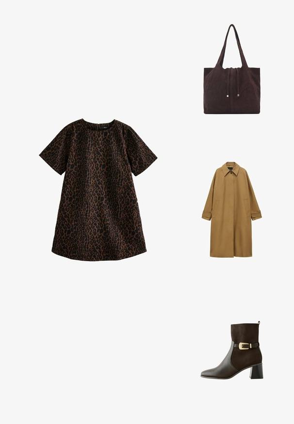 Manteau trench marron en tissu lisse, avec un col, des manches longues et deux poches latérales. Coupe loose, design à hauteur de genoux.; Robe à imprimé léopard en marron et noir. Manches courtes, encolure ronde, coupe décontractée, longueur genou, en coton avec une texture douce.; Bottines en cuir et suède marron avec un bout pointu, un large talon carré et un accent décoratif en boucle dorée sur la sangle de la cheville.; Mango Cabas - dark brown