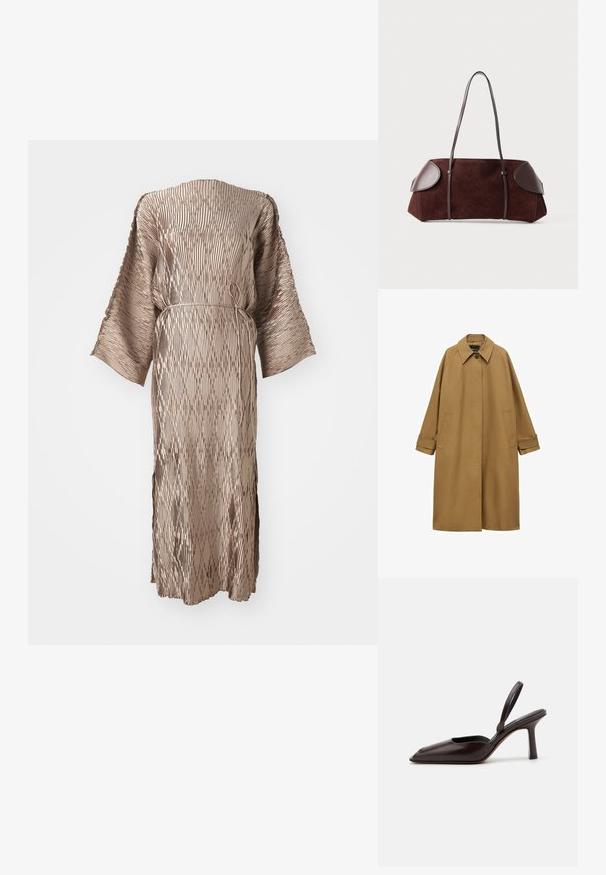 Manteau trench marron en tissu lisse, avec un col, des manches longues et deux poches latérales. Coupe loose, design à hauteur de genoux.; Robe midi beige à manches longues, texturée, avec de larges manches et une fine ceinture nouée à la taille sur fond blanc.; Escarpin à talon haut et à bout pointu en cuir verni marron avec une bride arrière. Présente un design élégant et une texture de surface lisse.; Sac en daim marron avec des accents en cuir, forme structurée, double poignées, bords arrondis, présentant une texture lisse et un matériel minimal.