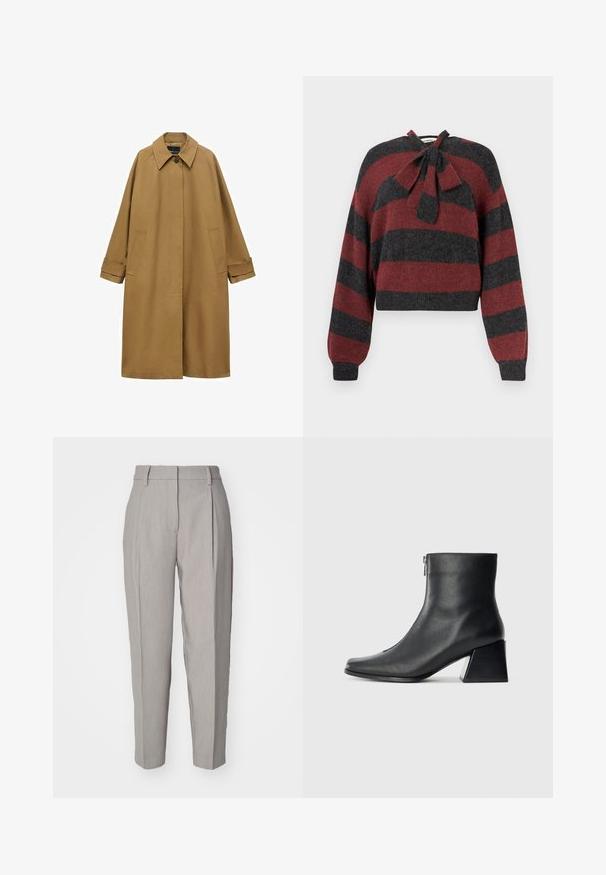 Bruine trenchcoat van gladde stof, met een kraag, lange mouwen en twee zijzakken. Losse pasvorm, knielange ontwerp.; Geknipte trui met rode en donkergrijze horizontale strepen, gemaakt van zacht materiaal, met een strikdetail bij de halslijn en geribde mouwen.; Lichtgrijze op maat gemaakte broeken met een gladde textuur, geplooide voorkant en een recht silhouet. Voorzien van riemlussen en een gepolijste afwerking.; Zwarte leren enkellaars met vierkante neus, zijrits en blokhak tegen een effen lichte achtergrond.
