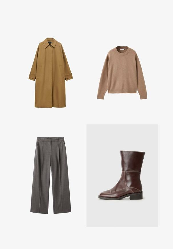 Brun trenchcoat i slät tyg, med krage, långa ärmar och två sidofickor. Lös passform, knälång design.; Mjuk beige långärmad tröja med rund halsringning, med ribbade muddar, fåll och halsringning, uppvisad liggandes på en vit bakgrund.; Grå vida byxor med ränder, med hög midja, veck och en mjuk textur. Tillverkade av ett lätt tyg.; Brun läderankelboot med fyrkantig tå och låg klack, med kontrasterande sömmar längs sömmarna. Klar bakgrund.