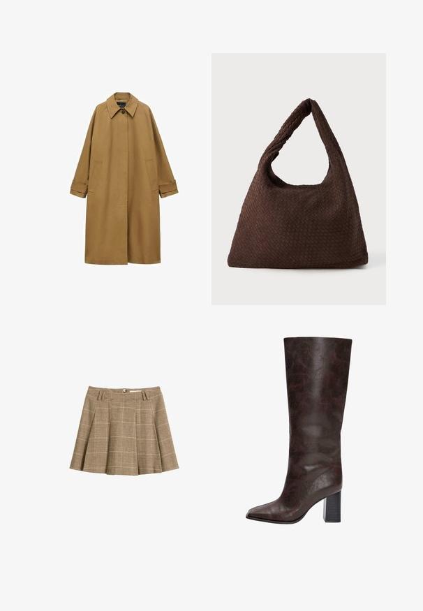 Brauner Trenchcoat aus glattem Stoff, mit einem Kragen, langen Ärmeln und zwei seitlichen Taschen. Lockerer Schnitt, knielange Ausführung.; Dunkelbrauner Rollkragenpullover aus strukturiertem Strickstoff, mit lässiger Passform und gerippten Bündchen und Saum.; Brauner kariertes Rock mit schwingendem Design, Falten und einem Bund mit Gürtelschlaufen. Hergestellt aus einem strukturierten Stoff mit einem Karomuster.; Braune Kunstleder kniehohe Stiefel mit einer spitzen Zehenform, einer strukturierten Oberfläche und einem klobigen schwarzen Absatz. Glatte Oberfläche, minimale Details.; Braune, gewebte Tasche mit einer lässigen Form, einem einzelnen Henkel und einer strukturierten Oberfläche. Das Design weist einen Hobo-Stil auf, ohne zusätzliches Zubehör.