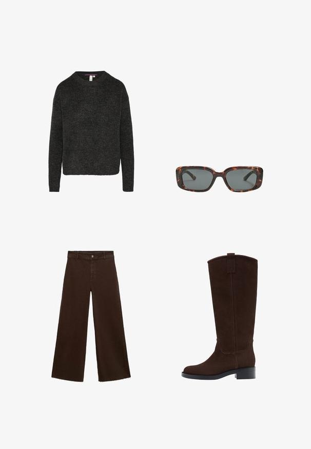 Brązowy płaszcz trenchowy wykonany z gładkiego materiału, z kołnierzem, długimi rękawami i dwoma bocznymi kieszeniami. Luźny krój, długość do kolan.; Ciemnoszary sweter dzianinowy z okrągłym dekoltem i długimi rękawami. Posiada prążkowaną fakturę i prosty dół. Luźny krój.; Brązowe spodnie o szerokich nogawkach z mieszanki bawełny, z postrzępionym dołem, przednim zapięciem na guzik i klasycznym pięciopocketowym wzorem. Minimalistyczne i uniwersalne.; Brązowe zamszowe kozak z zaokrąglonym noskiem, subtelnymi przeszyciami i niskim słupkowym obcasem; mają pętelkę na górze, co ułatwia zakładanie.; Okulary przeciwsłoneczne w kratkę w kształcie prostokątnym, z grubymi oprawkami i ciemnymi szkłami. Gładka faktura i minimalistyczny design.