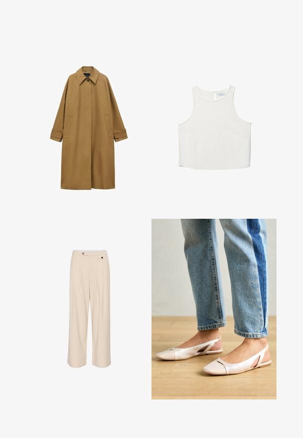 Brauner Trenchcoat aus glattem Stoff, mit einem Kragen, langen Ärmeln und zwei seitlichen Taschen. Lockerer Schnitt, knielange Ausführung.; Weißes ärmelloses Oberteil mit rundem Halsausschnitt, das über eine subtile Textur, ein Schlüsselaugen-Rückendetail und einen geraden Saum verfügt.; Beige weit geschnittene Hosen mit flachem Front, zwei Seitentaschen, Knopfverschluss und gefalteten Details für zusätzliche Textur und Design.; Blassrosa Slingback-Ballerinas mit spitzem Punkt, aus einem glatten, lederähnlichen Material. Mit Ausschnitten an den Seiten und einem flachen Absatz.