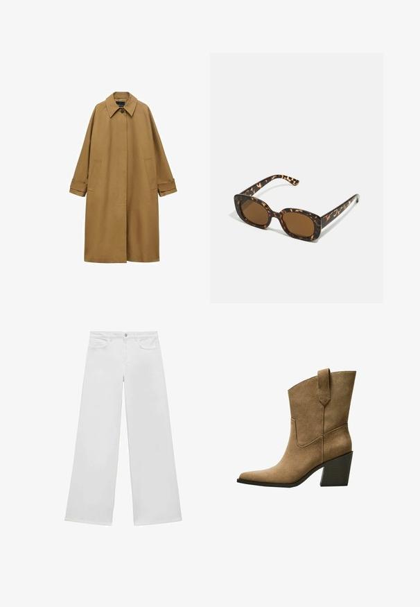 Brown trench coat made of smooth fabric, featuring a collar, long sleeves, and two side pockets. Loose fit, knee-length design.; Mango Button-down blouse - brown; White wide-leg jeans made of denim with a flat front, two front pockets, and a button closure, featuring a straight-cut leg and no visible patterns.; Brown suede cowboy boots with a pointed toe, showcasing a mid-height block heel and simple stitching along the side seams.; Tortoiseshell sunglasses with a rounded, chunky frame and brown lenses. Features subtle patterns and straight, tapered arms.