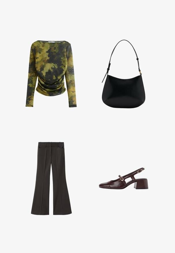 Hnedý trenčkot vyrobený z hladkej tkaniny, so golierom, dlhými rukávmi a dvomi bočnými vreckami. Voľný strih, dĺžka po kolená.; Dlhý rukáv top vyrobený z ľahkej, priesvitnej látky s zeleno-čiernym kamuflážnym vzorom. Má výstrih do tvaru lode a na páse je zaskovaný detail.; Čierne rozšírené nohavice s vysokým pásom; majú dve bočné vrecká a hladkú textúru látky. Vhodné na rôzne príležitosti.; Hnedé kožené sandále na podpätku so štvrtkovým špičkou, vyrezávanými bokmi a blokovým podpätkom. Obsahujú pracku na pásiku okolo členka.; Čierna kožená kabelka na rameno s hladkou textúrou, zakriveným tvarom a nastaviteľným popruhom. Obsahuje minimálne švy a jednoduchý dizajn.