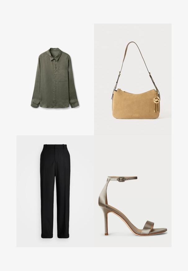 Bruine trenchcoat van gladde stof, met een kraag, lange mouwen en twee zijzakken. Losse pasvorm, knielange ontwerp.; Olijfgroene overhemd met lange mouwen in lichte stof, met een puntige kraag en een enkele borstzak. Gestructureerde afwerking.; Polo Ralph Lauren HIGH RISE RELAXED STRAIGHT TROUSER - Broek - black; Zijdeachtige hoge hak sandaal in zilver met een enkelbandje, voorzien van een decoratieve gesp. Open teen en slank, elegant ontwerp.; Tan suède schoudertas met een gebogen vorm, gouden hardware en ritssluiting. Voorzien van een bijgevoegd charm met de initialen "MK."