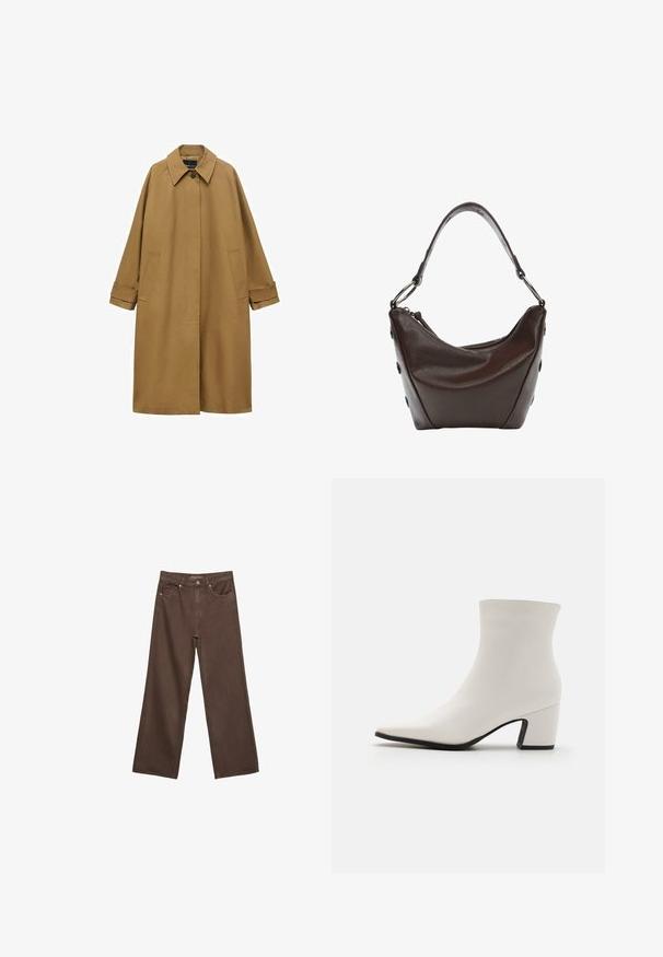 Manteau trench marron en tissu lisse, avec un col, des manches longues et deux poches latérales. Coupe loose, design à hauteur de genoux.; Pull tricot coupe courte gris foncé à manches courtes avec col rond, présentant une coupe ample et des manches raglan, fabriqué à partir d'un tissu doux et texturé.; Jean brown à jambes larges en denim, doté d'une taille haute, de poches avant et d'une fermeture à bouton classique. Texture lisse avec des coutures subtiles.; RAID DELPHIE - Bottines - white; Sac à main en cuir marron foncé avec une forme incurvée, fermeture zippée et une poignée courte. Il présente des accessoires en métal et des boutons noirs décoratifs sur le côté.