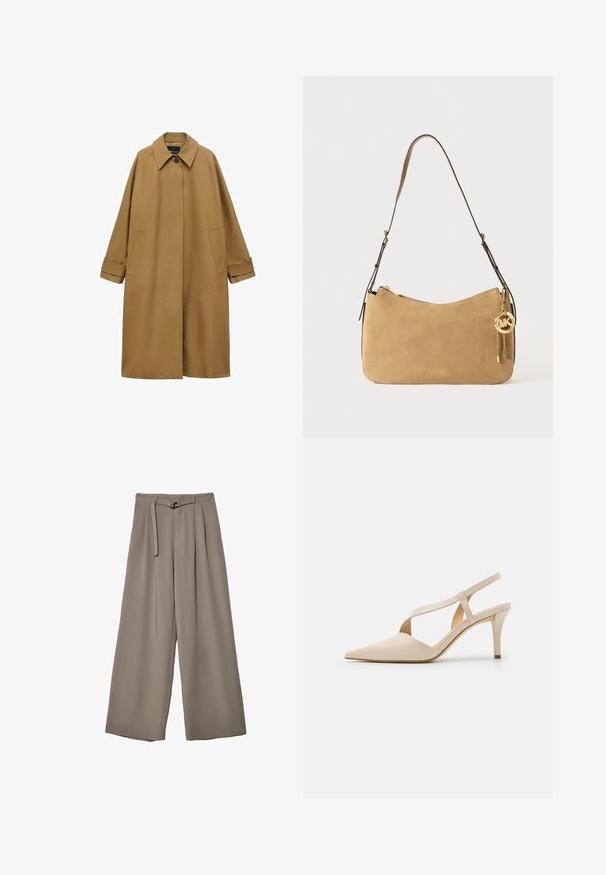 Rjav plašč iz gladkega materiala, opremljen s ovratnikom, dolgimi rokavi in dvema stranskima žepoma. Ohlapen kroj, do kolen.; Brahno brezrokavno zgornje oblačilo iz teksturirane tkanine z okroglo izreza in dvema navpičnima nabornikoma spredaj. Preprosta, prilegajoča se zasnova.; Široke hlače iz mehke, umirjene sive tkanine, z pasom, ki ga je mogoče zavezati, in z gubami za dodatne oblikovne podrobnosti. Gladka tekstura, brez vzorcev.; Bež slinback štikli s poudarjenim prstom. Narejene iz gladkega materiala, z ožjim peto in križnim trakom za varen oprijem.; Tan gamasti torbica z naramnicami, ukrivljene oblike, z zlatimi detajli in zadrgo. Ima dodan čar s inicialkami "MK."