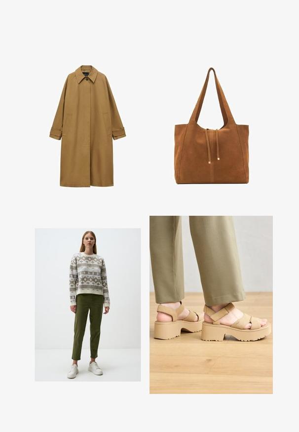 Brown trench coat made of smooth fabric, featuring a collar, long sleeves, and two side pockets. Loose fit, knee-length design.; Brown short-sleeve t-shirt made of soft cotton. Features a round neckline and a boxy fit, with a smooth texture and no visible patterns.; Knitted sweater with geometric patterns in beige and light blue, paired with olive green tapered pants and white sneakers.; Beige suede platform sandals with wide straps and a chunky sole. Features adjustable back strap and textured tread for grip.; Brown suede tote bag with two long straps, drawstring closure, and minimalistic design. Smooth texture and no visible hardware accents.
