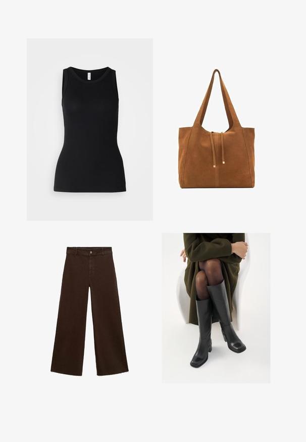 Rjav plašč iz gladkega materiala, opremljen s ovratnikom, dolgimi rokavi in dvema stranskima žepoma. Ohlapen kroj, do kolen.; Črna brezrokavnica iz rebraste tkanine, z okroglim izrezom in prilegajočim krojem, z gladko teksturo brez vzorcev.; Rjave široke hlače iz mešanice bombaža, z raztrganim robom, sprednjim gumbom in klasičnim dizajnom s petimi žepi. Minimalistične in vsestranske.; Črne usnjene čevlje do kolen s kvadratnim prstom in blok peto, prikazani na modelu, ki sedi v olivno zeleni plašču. Gladka tekstura, minimalne podrobnosti.; Rjava semiš torba z dvema dolgima ročajema, z vrvico za zapiranje in minimalističnim dizajnom. Gladka tekstura in brez vidnih kovinskih dodatkov.