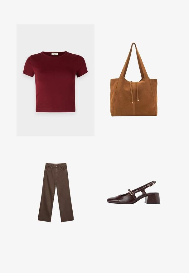 Hnedý trenčkot vyrobený z hladkej tkaniny, so golierom, dlhými rukávmi a dvomi bočnými vreckami. Voľný strih, dĺžka po kolená.; Gina Tricot BASIC TIGHT - Základné tričko - dark red; Džínsy s širokými nohavicami v hnedej farbe, vyrobené z denimu, so zvýšeným pásom, prednými vreckami a klasickým zapínaním na gombík. Hladká textúra s jemným prešívaním.; Hnedé kožené sandále na podpätku so štvrtkovým špičkou, vyrezávanými bokmi a blokovým podpätkom. Obsahujú pracku na pásiku okolo členka.; Hnedá semišová taška cez rameno s dvoma dlhými popruhmi, sťahovacou šnúrkou a minimalistickým dizajnom. Hladký povrch a žiadne viditeľné kovové doplnky.