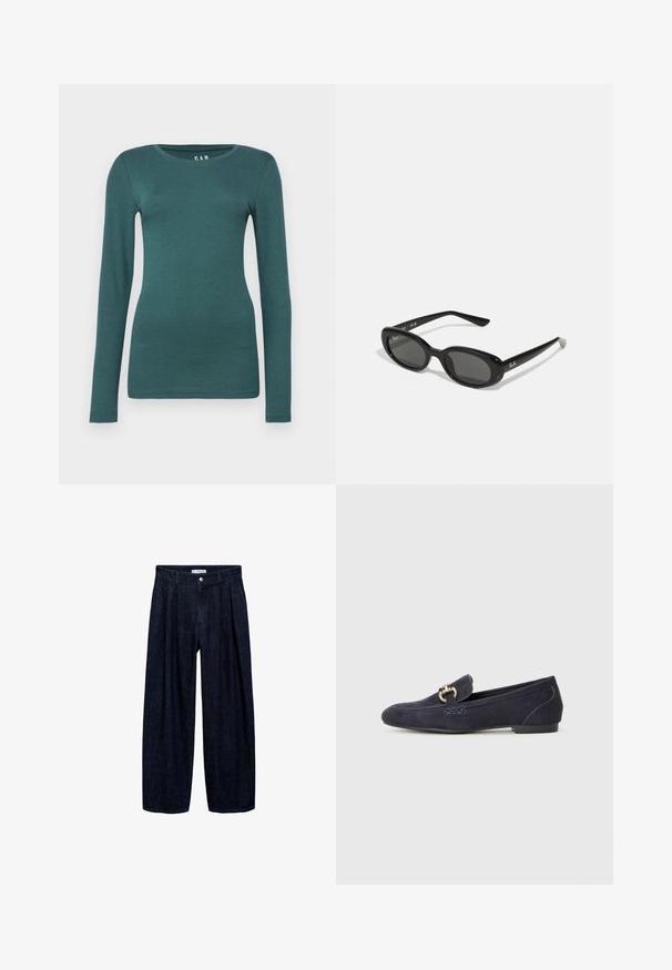 Brown trench coat made of smooth fabric, featuring a collar, long sleeves, and two side pockets. Loose fit, knee-length design.; GAP CREW - Long sleeved top - moores green; Dark denim wide-leg trousers with pleats at the waist, featuring a front button and belt loops. Smooth texture and full-length design.; Navy blue suede loafer with a rounded toe, featuring a decorative metal chain accent and a low heel with contrasting stitching details.; Black sunglasses with oval lenses, glossy plastic frame, and slender arms. Features Ray-Ban logo in white on the side.; Brown suede tote bag with two long straps, drawstring closure, and minimalistic design. Smooth texture and no visible hardware accents.