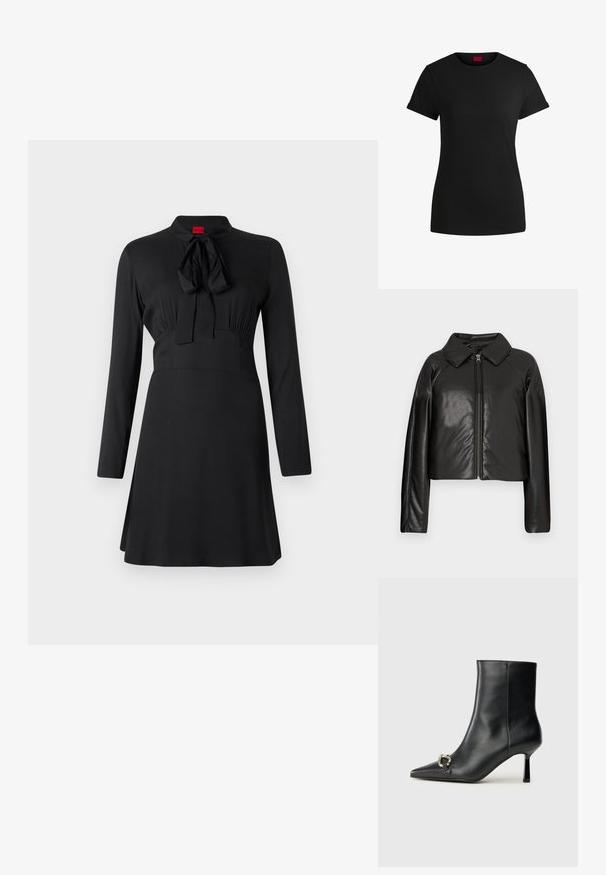 Mustast kunstnahast lühike jakk, millel on kraega kaelus ja tõmblukuga sulgemine. Omab pikki varrukaid ja sujuvat, läikivat tekstuuri.; Must mustrikk, pikad varrukad, kõrge krae ja lipsu detail kaelas. Sile kangas, sobiv kehaosa ja laienev seelik.; Must must t-särk lühikeste keeratud varrukatega, ümmarguse kaeluse ja punase etiketiga. Sile tekstuur, sobiv kuju minimaalsete detailidega.; Must mustanvärvi nahast pahklinetopp, millel on terav nina, peen keskmise kõrgusega konts ja hõbedane keha detail külgedel, taustal lihtne taust.