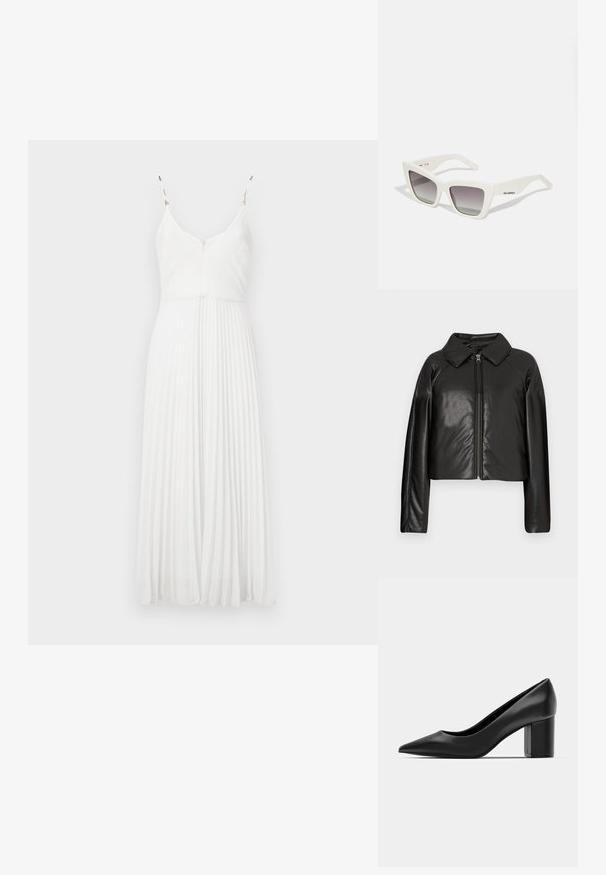 Černá faux kůže zkrácená bunda s límečkem a zipem. Obsahuje dlouhé rukávy a hladký, lesklý povrch.; Bílá skládací šaty s tenkými ramínky, výstřihem do V a texturovanou tkaninou. Mají přiléhavý korzet a splývavou sukni.; Černé kožené lodičky s špičatou špičkou a robustním čtvercovým podpatkem. Hladký povrch, jednoduchý design, vhodné pro formální prostředí.; Bílé oversized sluneční brýle s matným povrchem, hranatým designem, gradientními šedými skly a decentním logem na straně.