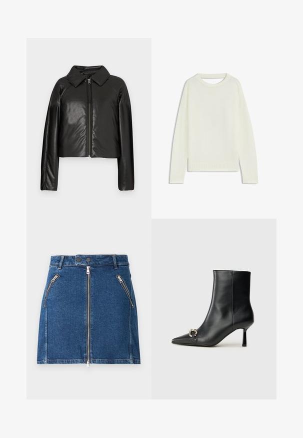 Giacca cropped nera in ecopelle con colletto e chiusura a zip. Caratterizzata da maniche lunghe e una texture liscia e lucida.; Maglione color crema chiaro con collo tondo, maniche lunghe, orlo a costine e una consistenza morbida. Nessun motivo o dettagli hardware visibili.; Gonna in denim blu scuro con due tasche anteriori con zip e chiusura centrale con zip. Presenta un taglio dritto e dettagli di cucitura minimi.; Stivale alla caviglia in pelle nera con punta affusolata, tacco sottile di media altezza e dettaglio in fibbia argentata sul lato, su sfondo semplice.