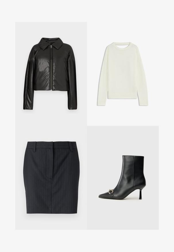 Zwarte faux leren cropped jack met een kraag en ritssluiting. Heeft lange mouwen en een soepele, glanzende textuur.; Lichtcreme trui met een ronde hals, lange mouwen, geribbelde zoom en een zachte textuur. Geen patronen of zichtbare hardwaredetails.; Zwarte pinstripe tailleursrok met riemlussen en een verborgen sluiting aan de voorkant, gepresenteerd tegen een witte achtergrond.; Zwarte leren enkelboot met spitse neus, slanke middenhoge hak en zilveren gespdetail aan de zijkant op een effen achtergrond.