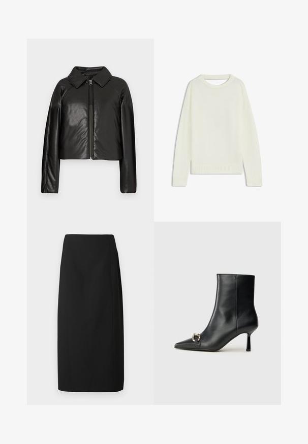 Black faux leather cropped jacket with a collared neckline and zip closure. Features long sleeves and smooth, glossy texture.; Light cream sweater featuring a round neck, long sleeves, ribbed hem, and a soft texture. No patterns or visible hardware details.; Black pencil skirt made of smooth fabric, featuring a straight cut and clean lines, with no embellishments or patterns.; Black leather ankle boot with pointed toe, slim mid-height heel, and silver buckle detail on side against plain background.
