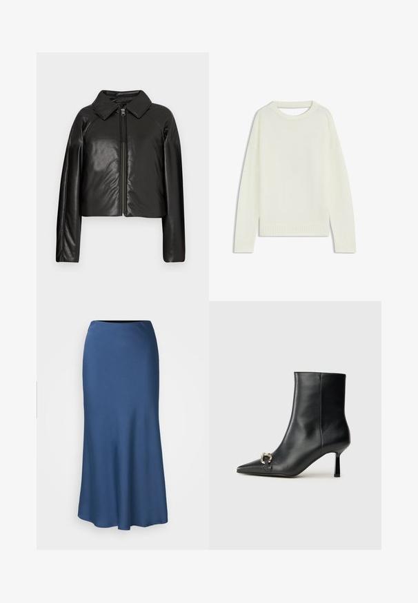 Black faux leather cropped jacket with a collared neckline and zip closure. Features long sleeves and smooth, glossy texture.; Light cream sweater featuring a round neck, long sleeves, ribbed hem, and a soft texture. No patterns or visible hardware details.; DRYKORN URA - A-line skirt - blue-grey; Black leather ankle boot with pointed toe, slim mid-height heel, and silver buckle detail on side against plain background.