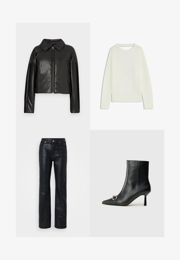 Black faux leather cropped jacket with a collared neckline and zip closure. Features long sleeves and smooth, glossy texture.; Light cream sweater featuring a round neck, long sleeves, ribbed hem, and a soft texture. No patterns or visible hardware details.; Black leather pants with a straight leg design, featuring five pockets, metallic button closure, and smooth, shiny texture.; Black leather ankle boot with pointed toe, slim mid-height heel, and silver buckle detail on side against plain background.