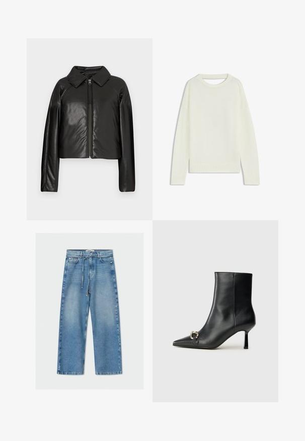 Giacca cropped nera in ecopelle con colletto e chiusura a zip. Caratterizzata da maniche lunghe e una texture liscia e lucida.; Maglione color crema chiaro con collo tondo, maniche lunghe, orlo a costine e una consistenza morbida. Nessun motivo o dettagli hardware visibili.; Jeans wide-leg in denim azzurro chiaro con vita alta, coulisse, design a cinque tasche e orlo grezzo.; Stivale alla caviglia in pelle nera con punta affusolata, tacco sottile di media altezza e dettaglio in fibbia argentata sul lato, su sfondo semplice.