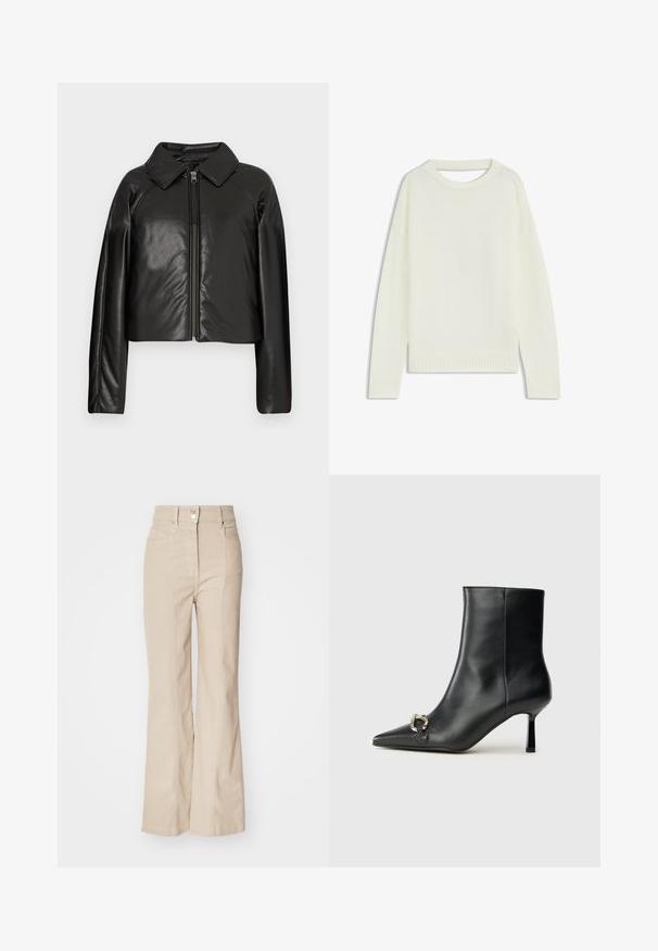Black faux leather cropped jacket with a collared neckline and zip closure. Features long sleeves and smooth, glossy texture.; Light cream sweater featuring a round neck, long sleeves, ribbed hem, and a soft texture. No patterns or visible hardware details.; Beige high-waisted flared trousers made of cotton blend, featuring front pockets, a zip fly, and a silver button detail at the waist.; Black leather ankle boot with pointed toe, slim mid-height heel, and silver buckle detail on side against plain background.