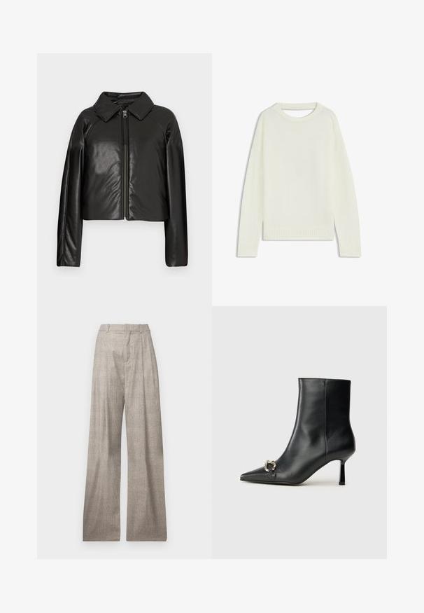 Chaqueta corta de imitación piel negra con cuello con solapa y cierre de cremallera. Presenta mangas largas y una textura suave y brillante.; Suéter de color crema claro con cuello redondo, mangas largas, dobladillo acanalado y una textura suave. Sin patrones ni detalles de hardware visibles.; Pantalones de pierna ancha en gris claro, con un sutil patrón de pata de gallo, pliegues, pasadores para cinturón y una textura suave.; Botín negro de cuero hasta el tobillo con punta afilada, tacón delgado de altura media y detalle de hebilla plateada en el lateral, sobre un fondo liso.