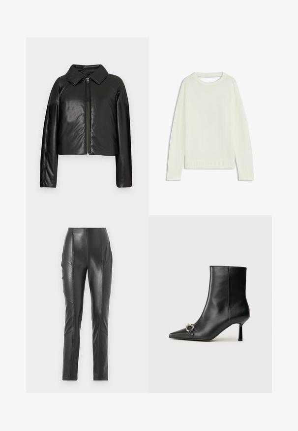 Zwarte faux leren cropped jack met een kraag en ritssluiting. Heeft lange mouwen en een soepele, glanzende textuur.; Lichtcreme trui met een ronde hals, lange mouwen, geribbelde zoom en een zachte textuur. Geen patronen of zichtbare hardwaredetails.; Zwarte leren broek met een slim fit, geribbelde details aan de zijkanten en een gladde textuur. Het ontwerp heeft een hoge tailleband en stiknaadaccenten.; Zwarte leren enkelboot met spitse neus, slanke middenhoge hak en zilveren gespdetail aan de zijkant op een effen achtergrond.