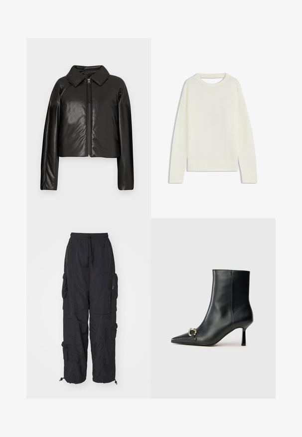 Black faux leather cropped jacket with a collared neckline and zip closure. Features long sleeves and smooth, glossy texture.; Light cream sweater featuring a round neck, long sleeves, ribbed hem, and a soft texture. No patterns or visible hardware details.; Black cargo pants made of lightweight material, featuring multiple zippered pockets, an elastic waistband, and adjustable ankle cuffs.; Black leather ankle boot with pointed toe, slim mid-height heel, and silver buckle detail on side against plain background.
