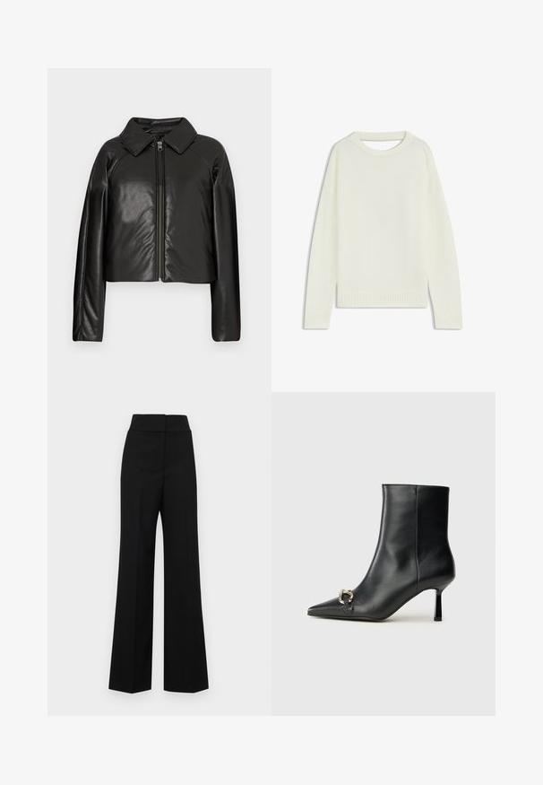 Zwarte faux leren cropped jack met een kraag en ritssluiting. Heeft lange mouwen en een soepele, glanzende textuur.; Lichtcreme trui met een ronde hals, lange mouwen, geribbelde zoom en een zachte textuur. Geen patronen of zichtbare hardwaredetails.; Zwarte wijde broek met hoge taille, met een gladde textuur en zonder zichtbare bevestigingsmiddelen of versieringen.; Zwarte leren enkelboot met spitse neus, slanke middenhoge hak en zilveren gespdetail aan de zijkant op een effen achtergrond.