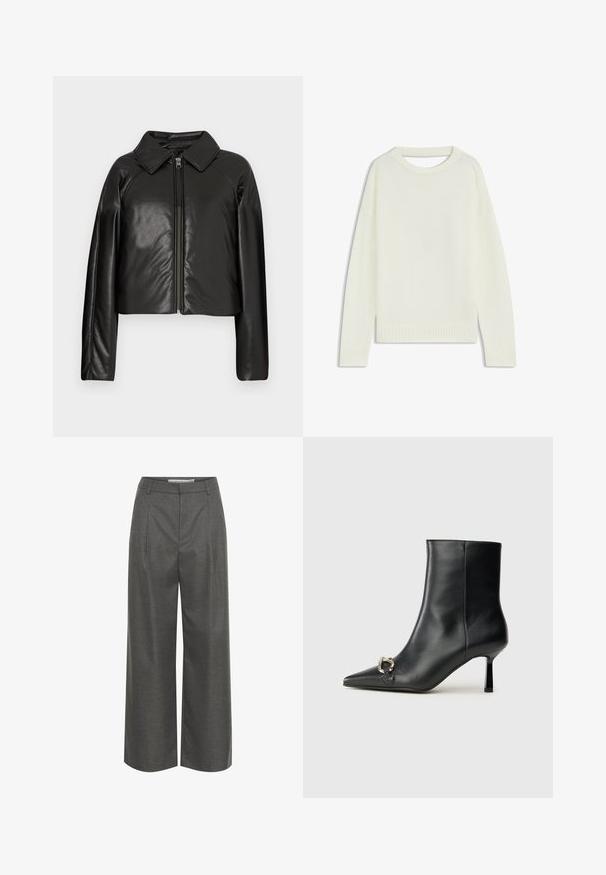 Black faux leather cropped jacket with a collared neckline and zip closure. Features long sleeves and smooth, glossy texture.; Light cream sweater featuring a round neck, long sleeves, ribbed hem, and a soft texture. No patterns or visible hardware details.; Gray wide-leg trousers made of textured fabric, featuring a high waist and front pleats, with no visible pockets or hardware details.; Black leather ankle boot with pointed toe, slim mid-height heel, and silver buckle detail on side against plain background.