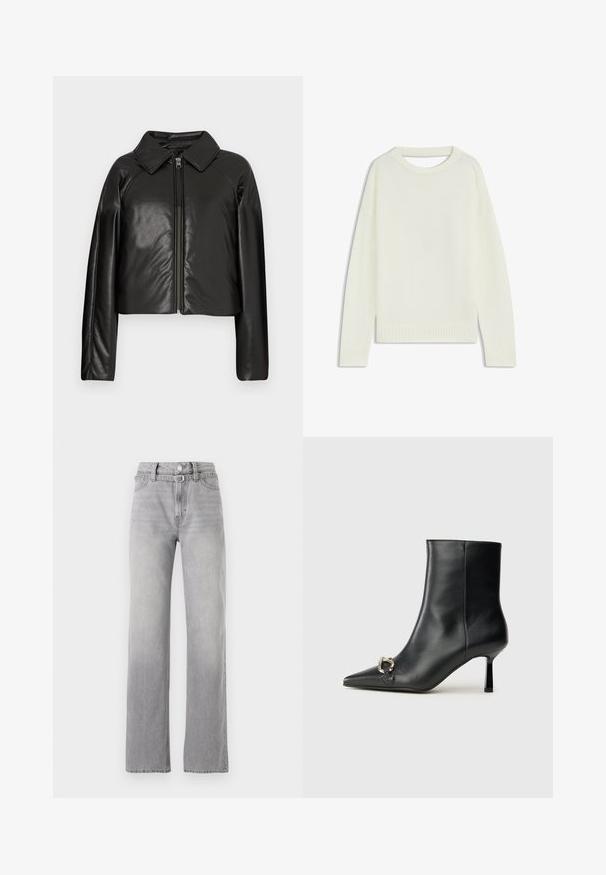 Chaqueta corta de imitación piel negra con cuello con solapa y cierre de cremallera. Presenta mangas largas y una textura suave y brillante.; Suéter de color crema claro con cuello redondo, mangas largas, dobladillo acanalado y una textura suave. Sin patrones ni detalles de hardware visibles.; Jeans de mezclilla gris claro con una cintura alta, diseño de pierna recta, desgaste sutil y estilo clásico de cinco bolsillos. Cierre de botón metálico y cremallera.; Botín negro de cuero hasta el tobillo con punta afilada, tacón delgado de altura media y detalle de hebilla plateada en el lateral, sobre un fondo liso.