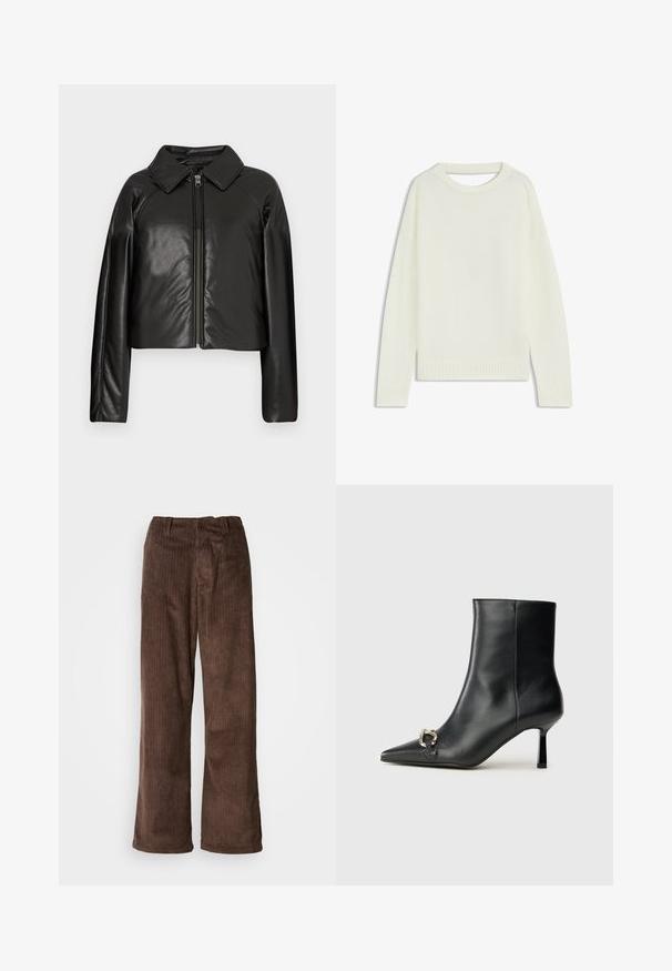 Sort kunstlæder cropped jakke med krave og lynlåslukning. Har lange ærmer og en glat, blank tekstur.; Lys cremesweater med rund hals, lange ærmer, ribbet kant og en blød tekstur. Ingen mønstre eller synlige hardware-detaljer.; Brune fløjl bukser med en bred benudskæring, der har lodrette ribber og en talje. Stoffet har et blødt, tekstureret udseende.; Sort læder ankelstøvle med spidse tæer, slank hæl i mellemhøjde og sølvspænde detaljer på siden mod en ensfarvet baggrund.