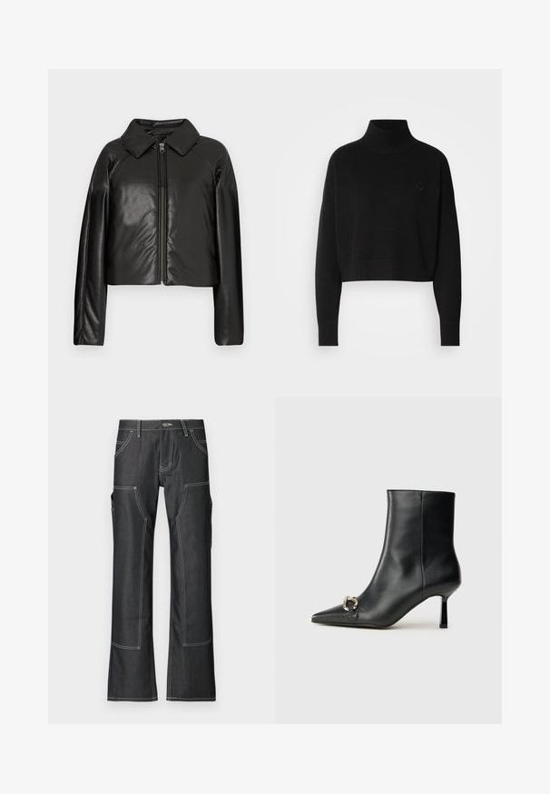 Zwarte faux leren cropped jack met een kraag en ritssluiting. Heeft lange mouwen en een soepele, glanzende textuur.; Zwarte cropped sweater, geribbelde turtleneck, lange mouwen, gebreide textuur, met een klein logo op de borst.; Donkerdenim cargobroek met witte contrasterende stiksels, voorzien van meerdere zakken en een flared pijpdesign. Duurzaam materiaal en metalen knoopsluiting.; Zwarte leren enkelboot met spitse neus, slanke middenhoge hak en zilveren gespdetail aan de zijkant op een effen achtergrond.