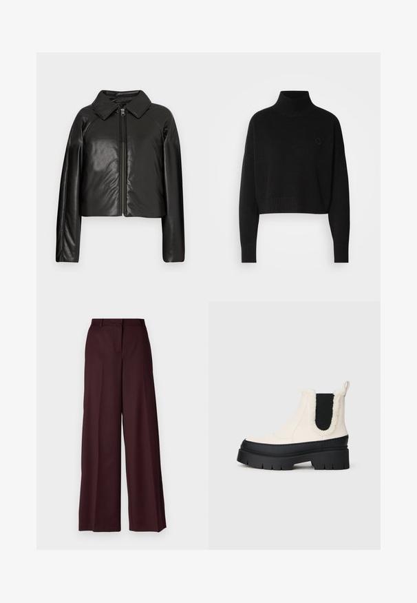 Melnā mākslīgā āda īsā jaka ar apkakles apkakli un rāvējslēdzēja aizdari. Iespējas garas piedurknes un gluda, spīdīga tekstūra.; Melnā īsā džemperī, ribotā augsto apkakli, garajām piedurknēm, adīta tekstūra, ar mazu logo uz krūšu.; Pinko BENEDETTI PANTALONE - Auduma bikses - bordeaux intenso; Masīvu platformas potīšu zābaku dizains ar baltu augšdaļu, melnu gumijas zoli un kontrastējošām melnām elastīgām sānu paneļiem. Augšējā mala rotāta ar mākslīgo kažoku.