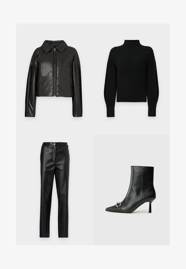 Svart, imitert skinn, cropped jakke med krage og glidelås. Har lange ermer og en jevn, glinsende overflate.; Svart strikket genser med høy krage, ribbestruktur og raglanermer. Kroppen er litt kortere med en tykk ribbestrikket nederkant.; Sorte fake skinnbukser med krokodillemønster, slim fit, design med rette ben, med knappelukking foran og standard liv.; Sorte lær ankle boot med spiss tå, slank mid-høyde hæl og sølvspenne på siden mot en enkel bakgrunn.
